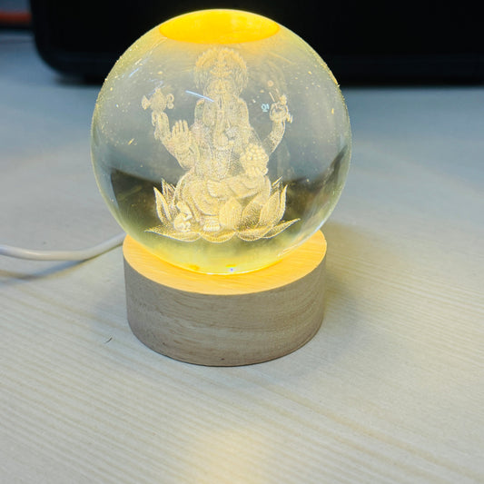 Ganesh Ji Crystal Ball With Wooden Stand and USB LED