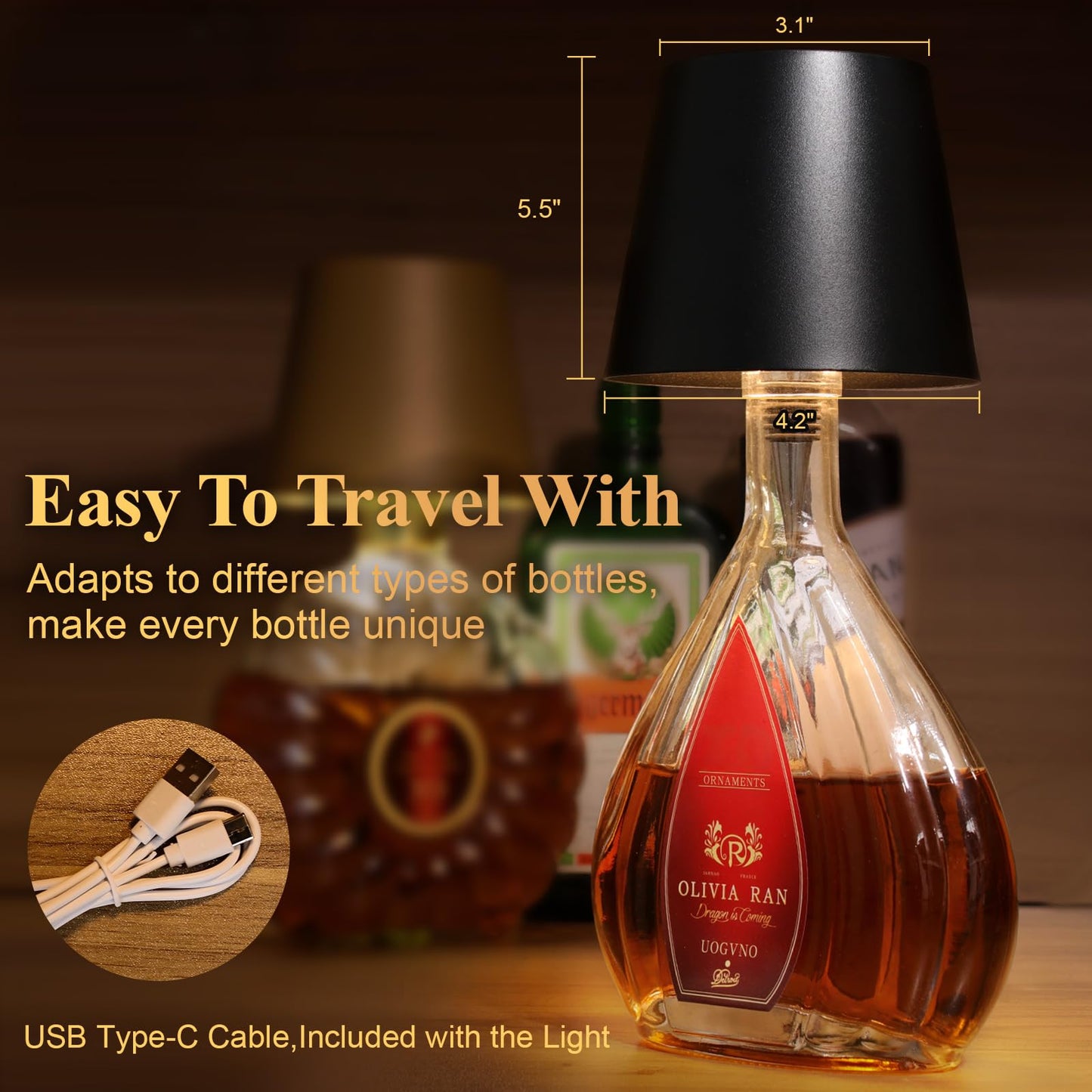 Wireless Bottle Lamp Shade Rechargeable Bottle Lamp Stepless Dimming LED Wine Bottle Lights for Any Bottle RainProof