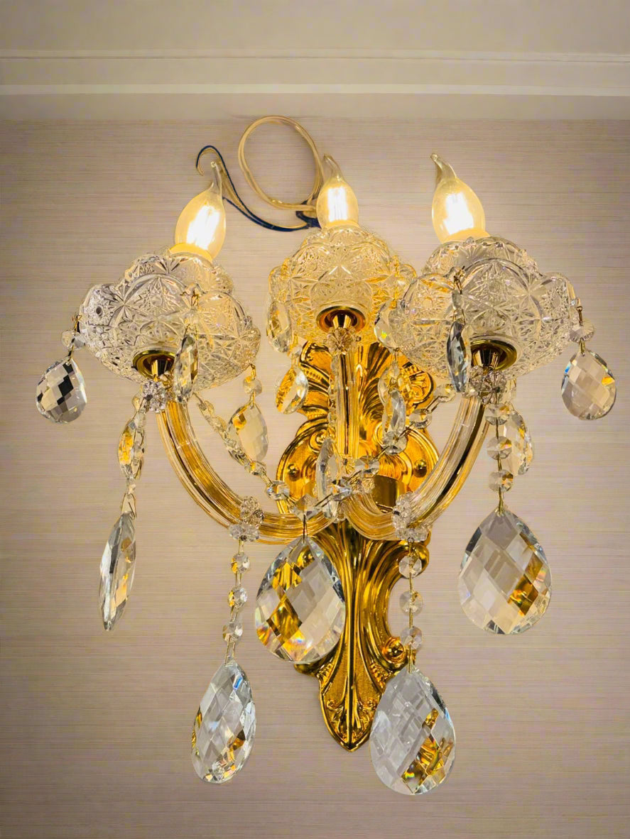 Small Modern Crystal Wall Lights - 3 Candle Lights Chandelier Light Fixtures, Gold Wall Mounted Sconce for Hotel, Living Room, Hall, Lobby Model 80031-3W