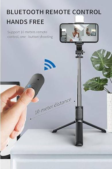 R1S-L Bluetooth Selfie Sticks with Remote and Selfie Light, Multifunctional Selfie Stick Tripod Stand Compatible with All Smartphones/Go Pro (Black)