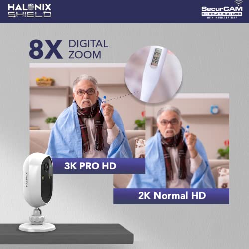 Halonix SecurCAM Totally Wireless 3MP 3K Pro HD Wi-Fi Smart Home Security Camera with Inbuilt Battery| 8X Digital Zoom| No Power Cord | No Screws/Drilling| 2 Way Audio| Colored Night Vision