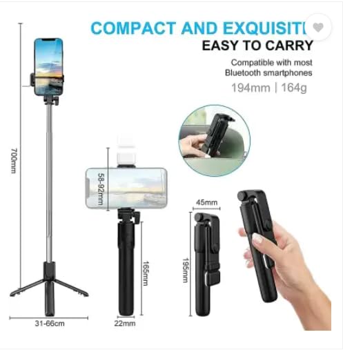 R1S-L Bluetooth Selfie Sticks with Remote and Selfie Light, Multifunctional Selfie Stick Tripod Stand Compatible with All Smartphones/Go Pro (Black)