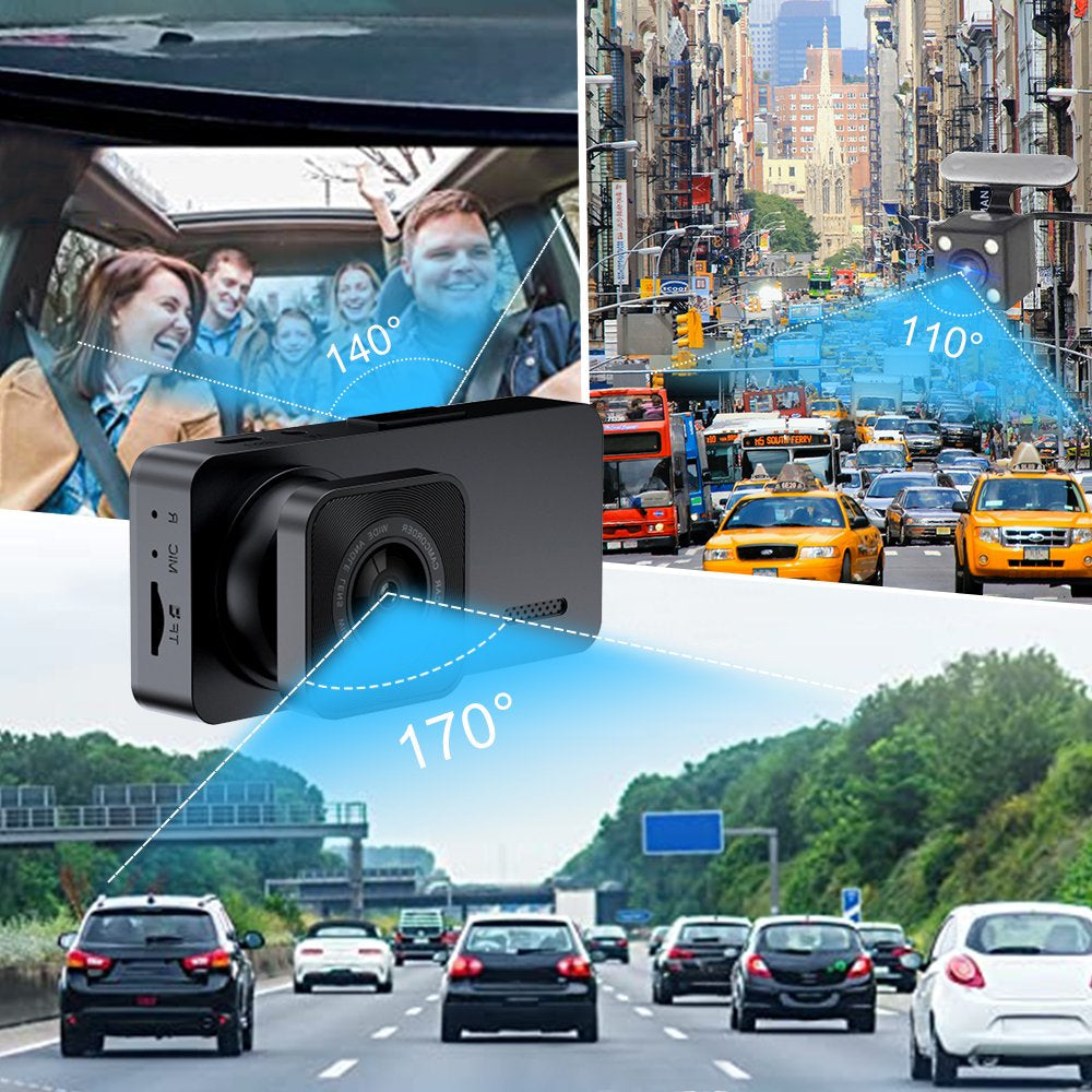 DashCam3 - 3 Channel Dash Cam Front and Rear Inside, Full HD 1080P Dash Camera for Cars, Dashcam Three Way Triple Car Camera with IR Night Vision, Loop Recording, G-Sensor, Parking Monitor, 24H Recording