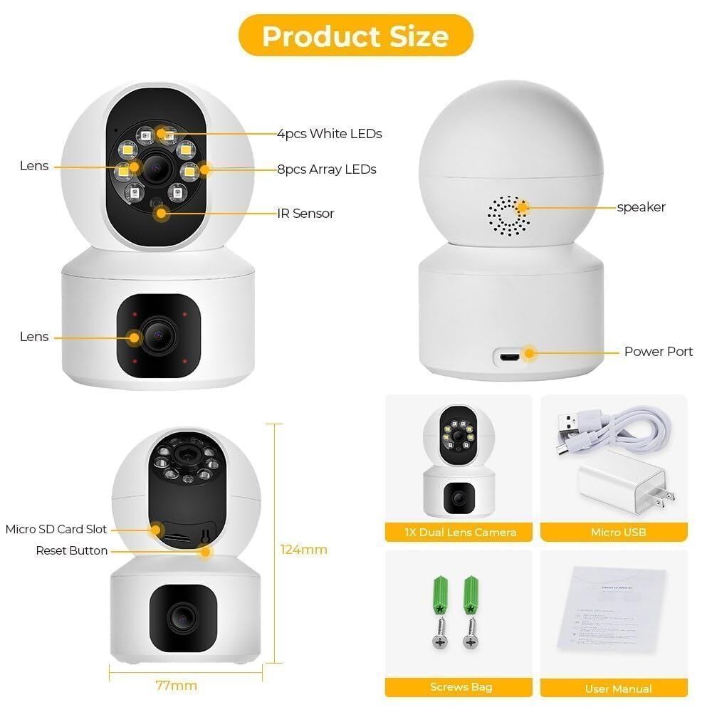 Double Lens 360 Wi-Fi Camera CCTV 1080p Wireless PTZ V380 Pro | Indoor Security with Motion Sensor LED Lights (Dual Lens)