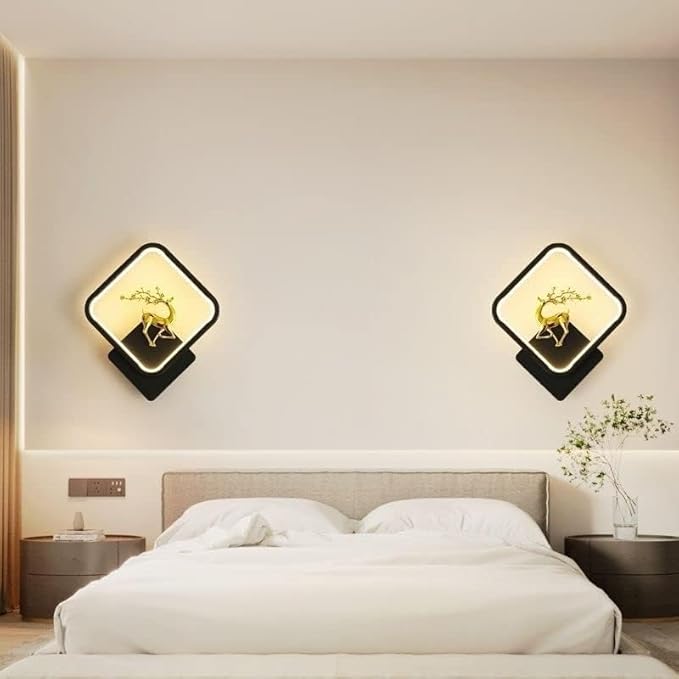 Aluminium Deer Wall Lights, Stylish Wall Lamp | Wall Light | Wall Lamp For Living Room | Fancy Lights For Wall, Bedroom, Color-Warm White+Natural White+Cold White(Black(Square)-Deer) WLD01 A