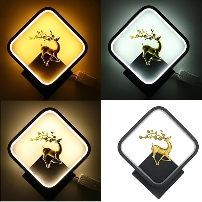 Aluminium Deer Wall Lights, Stylish Wall Lamp | Wall Light | Wall Lamp For Living Room | Fancy Lights For Wall, Bedroom, Color-Warm White+Natural White+Cold White(Black(Square)-Deer) WLD01 A