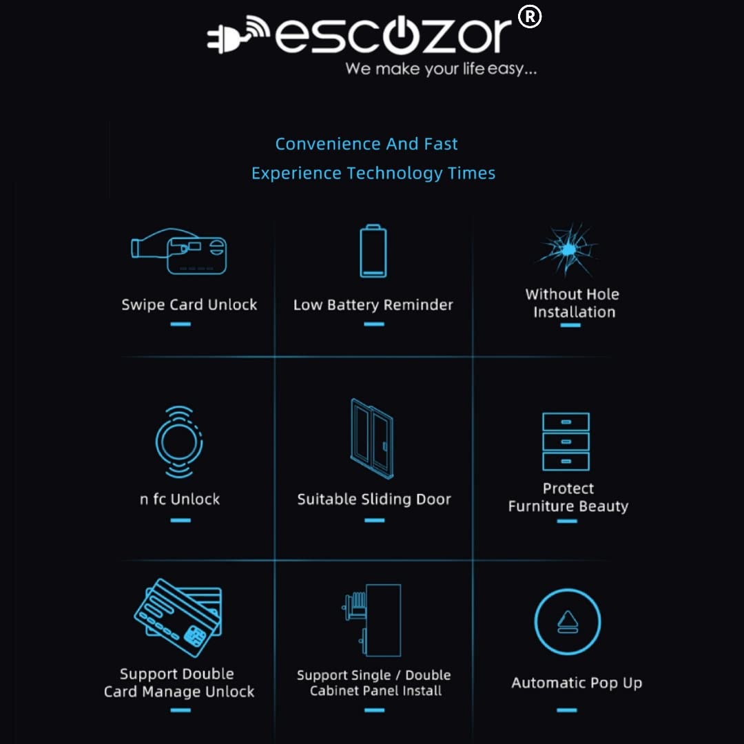 Escozor® Metal Invisible or Hidden NFC Smart Digital Lock Specially Designed For Wardrobe, Cabinet or Drawer Master & User Cards With Lock (Black , Polished)