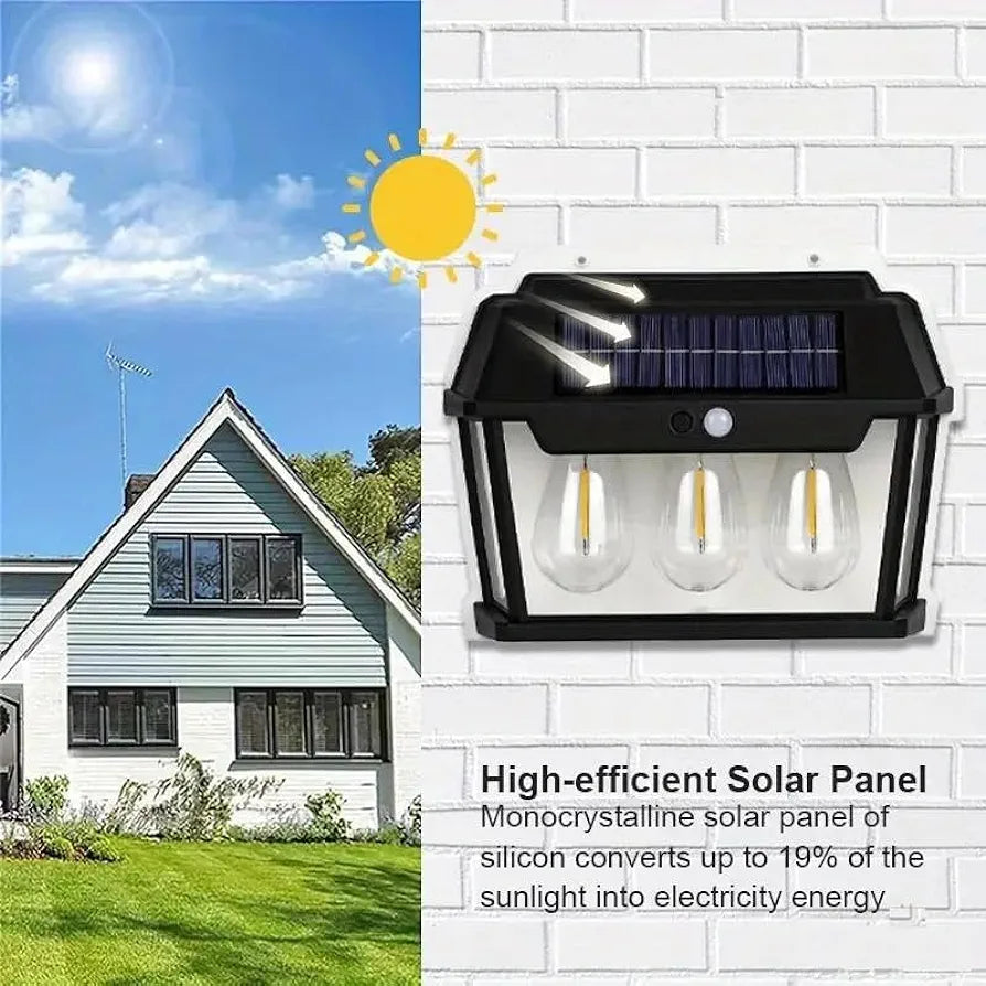 Solar Wall Light Tungsten Design 3 Bulb led Solar Outdoor Garden Wall Light with Sensor Wireless ip65 Solar Wall lamp
