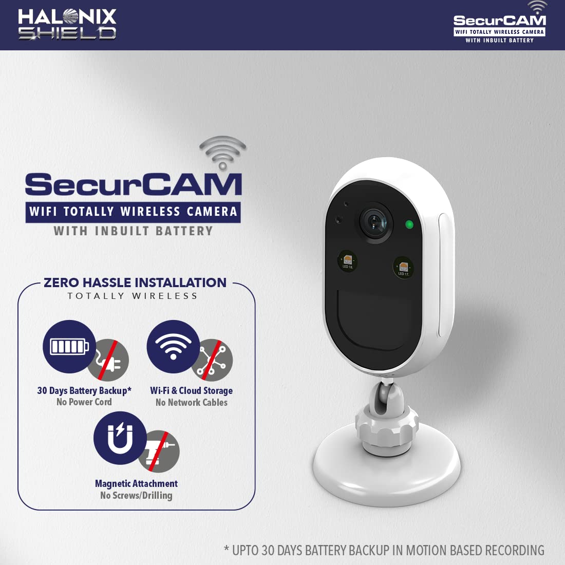 Halonix SecurCAM Totally Wireless 3MP 3K Pro HD Wi-Fi Smart Home Security Camera with Inbuilt Battery| 8X Digital Zoom| No Power Cord | No Screws/Drilling| 2 Way Audio| Colored Night Vision