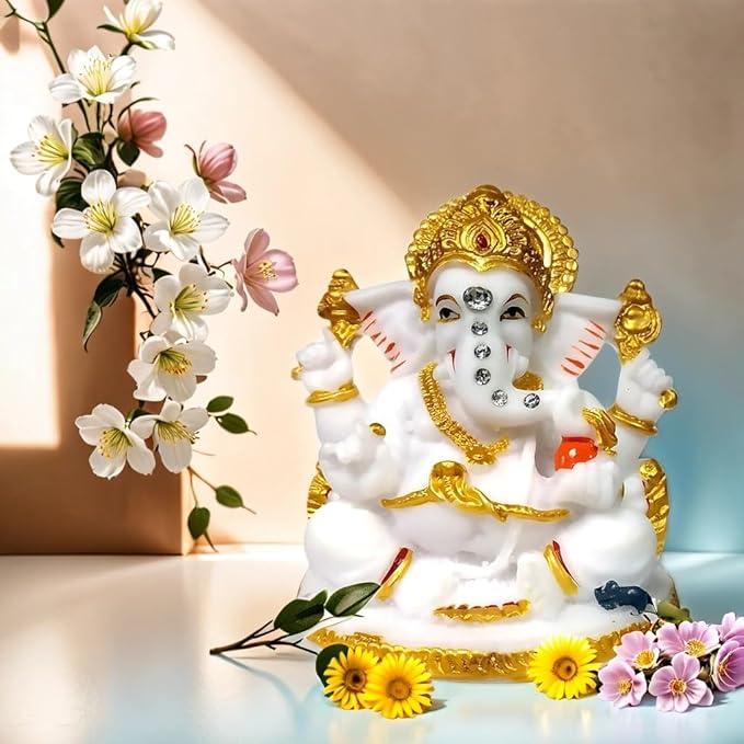 Shree Lord Mukut 4 Hand Ganesha/ganpati/Bappa/vighanharta with Modak Laddu Marble Dust Beautiful Sitara Nug Design Pattern Idol Figurine