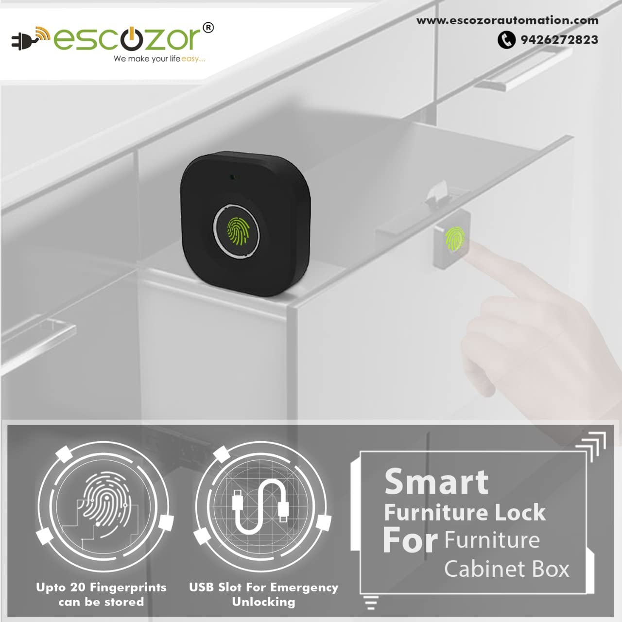 Escozor Fingerprint Drawer Lock, Smart Biometric Cabinet Lock, Safety Electric Fingerprint Lock, Drawer Wardrobe Lock, Furniture Privacy Lock (With Each Lock Having Different E-Key), Black CL010