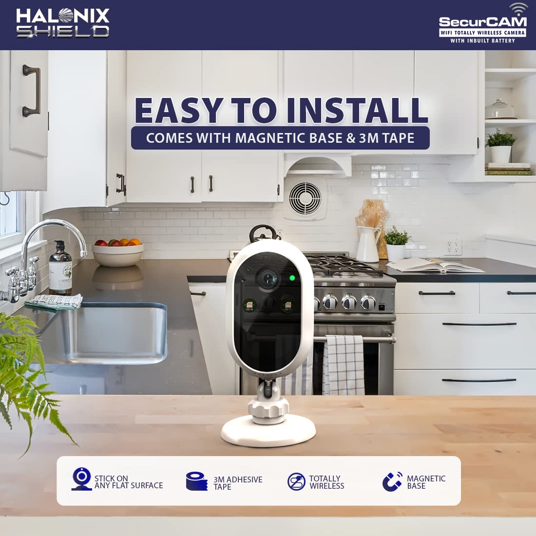 Halonix SecurCAM Totally Wireless 3MP 3K Pro HD Wi-Fi Smart Home Security Camera with Inbuilt Battery| 8X Digital Zoom| No Power Cord | No Screws/Drilling| 2 Way Audio| Colored Night Vision