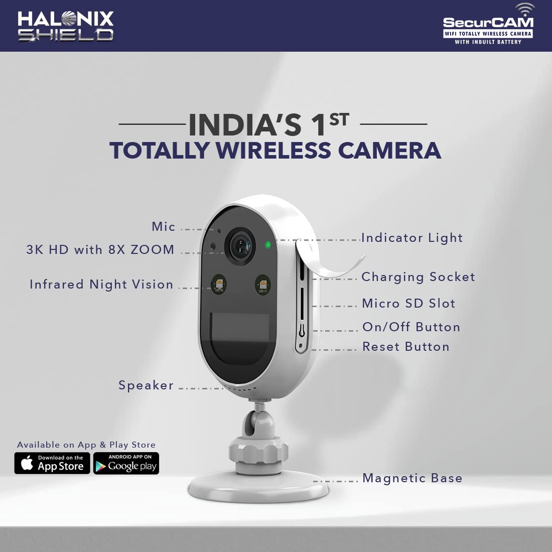 Halonix SecurCAM Totally Wireless 3MP 3K Pro HD Wi-Fi Smart Home Security Camera with Inbuilt Battery| 8X Digital Zoom| No Power Cord | No Screws/Drilling| 2 Way Audio| Colored Night Vision