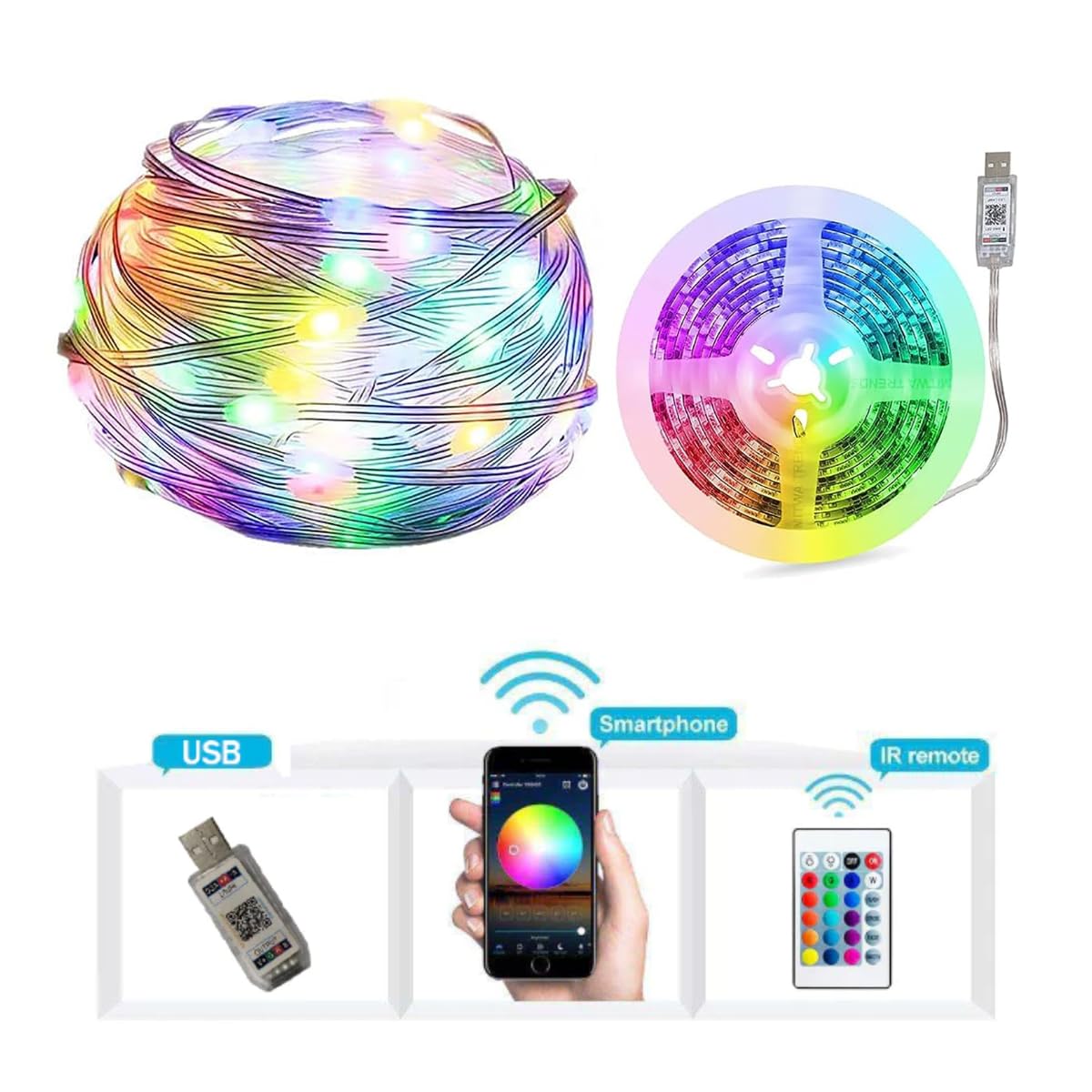 RGB Smart Fairy Strip String USB Lights Smart Control, Music Sync, Waterproof, Remote Mobile App Colour Changing Light With Beat Sync