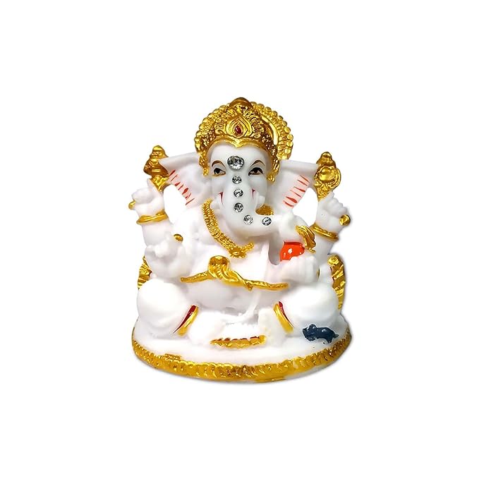 Shree Lord Mukut 4 Hand Ganesha/ganpati/Bappa/vighanharta with Modak Laddu Marble Dust Beautiful Sitara Nug Design Pattern Idol Figurine