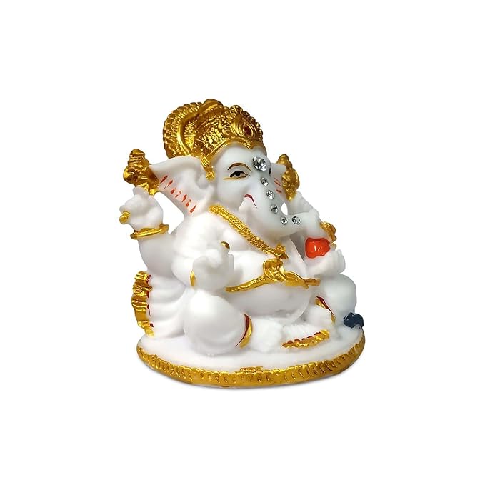 Shree Lord Mukut 4 Hand Ganesha/ganpati/Bappa/vighanharta with Modak Laddu Marble Dust Beautiful Sitara Nug Design Pattern Idol Figurine