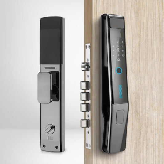 Escozor® EMM04 Premium Smart Digital Pushpull Fingerprint Lock for Main Door with Fingerprint,Password,Smart Card,Mechanical Keys & WiFi Smart Life Mobile App(35mm to 70mm Door Thickness)