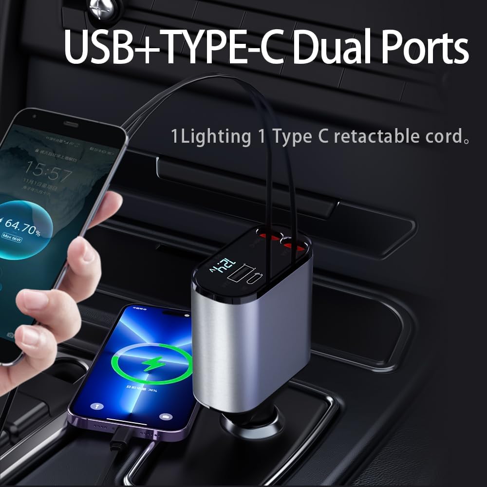 Retractable Car Charger Compatible with iPhone16/15/14/13/12/11,Fast Car Power Adapter PD20W /Type-C 40W,Car USB Fast Phone Charger