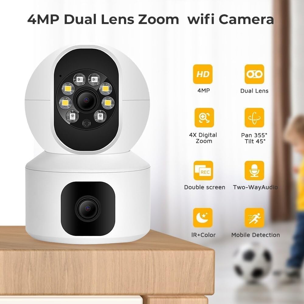 Double Lens 360 Wi-Fi Camera CCTV 1080p Wireless PTZ V380 Pro | Indoor Security with Motion Sensor LED Lights (Dual Lens)