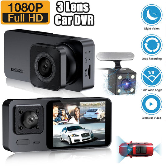 DashCam3 - 3 Channel Dash Cam Front and Rear Inside, Full HD 1080P Dash Camera for Cars, Dashcam Three Way Triple Car Camera with IR Night Vision, Loop Recording, G-Sensor, Parking Monitor, 24H Recording
