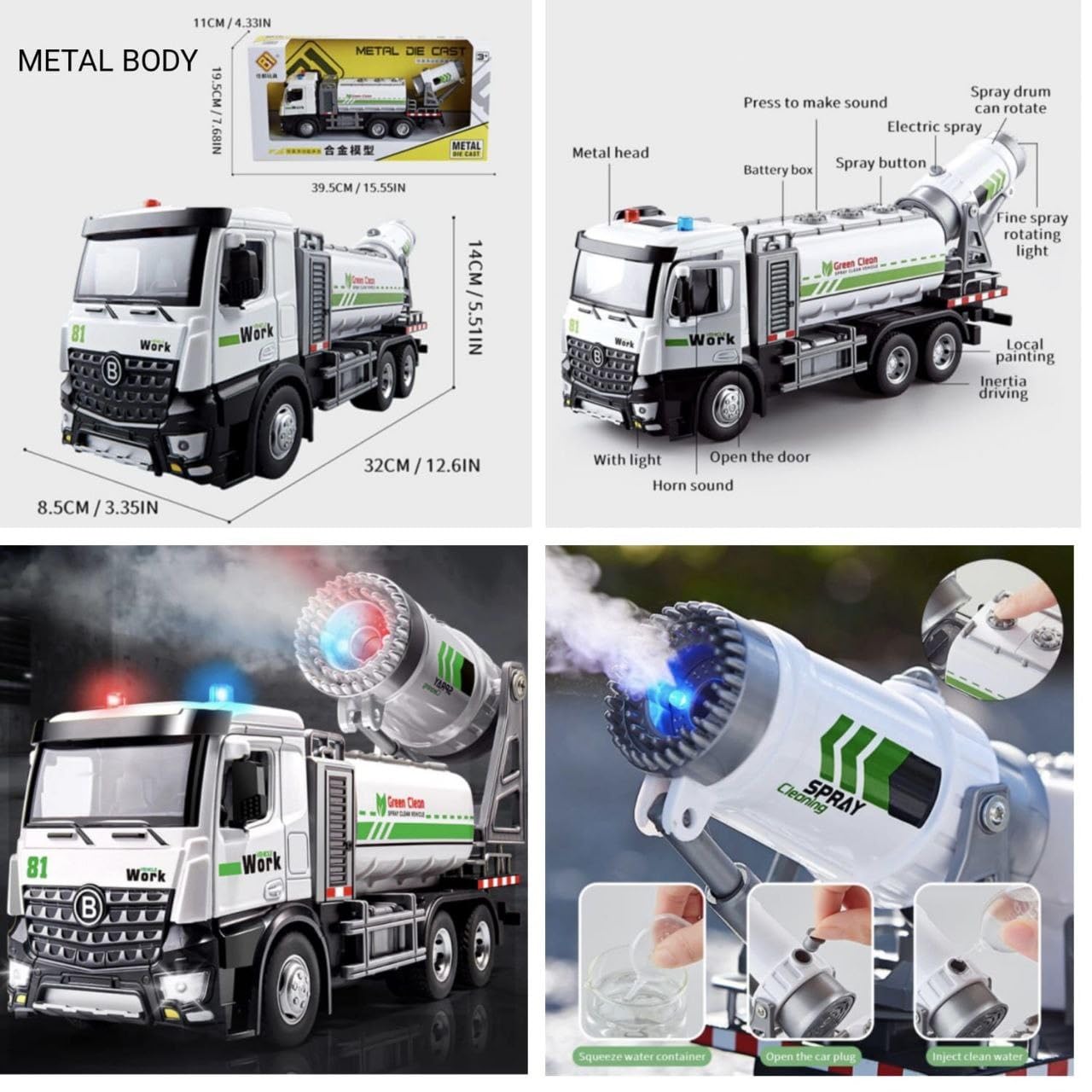 Spray Sprinkler Alloy Model Sound and Light Collection Diecast Toys Water Cannon Truck Toys for Kids