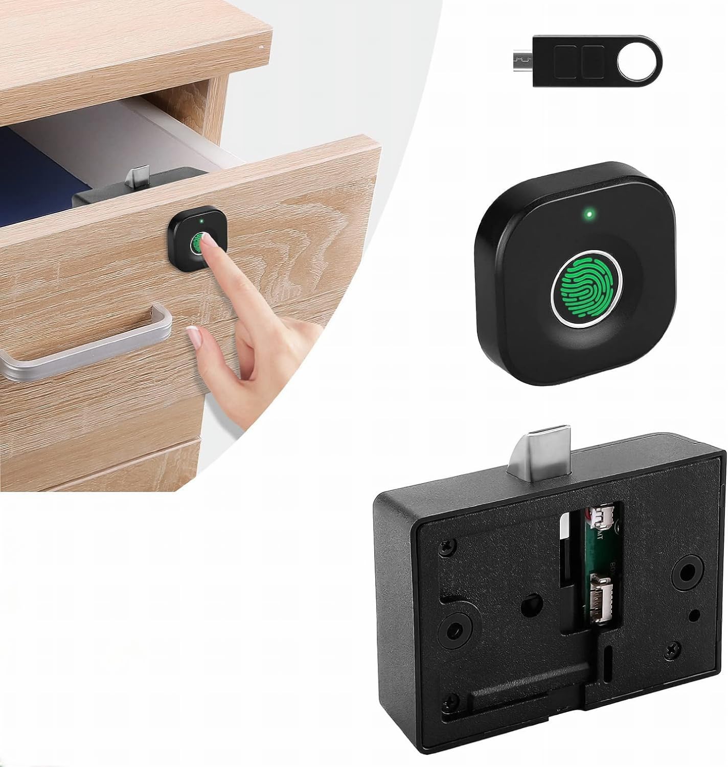 Escozor Fingerprint Drawer Lock, Smart Biometric Cabinet Lock, Safety Electric Fingerprint Lock, Drawer Wardrobe Lock, Furniture Privacy Lock (With Each Lock Having Different E-Key), Black CL010