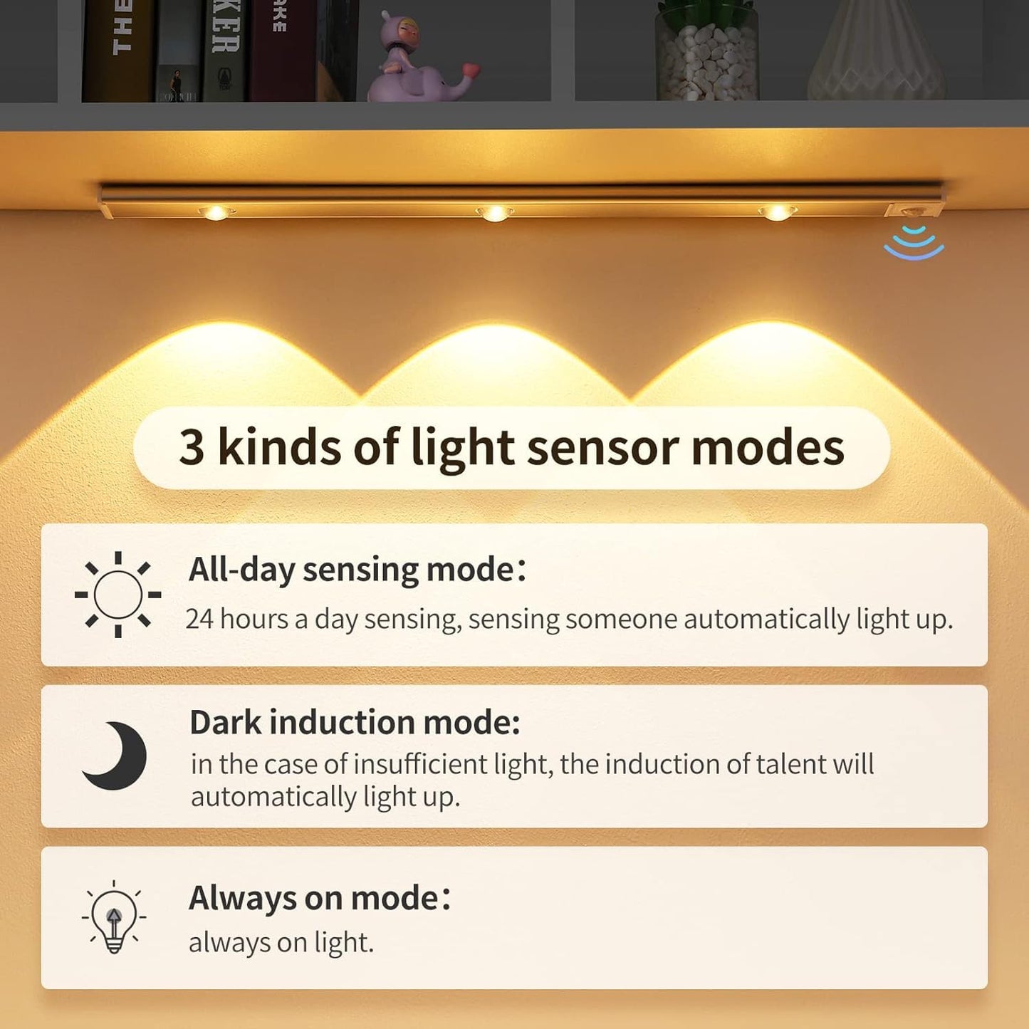 Under Cabinet Lights LED Motion Sensor Light Indoor, USB Rechargeable Closet Light, 3 Light Modes Stepless Dimming Hill Light 40 CM