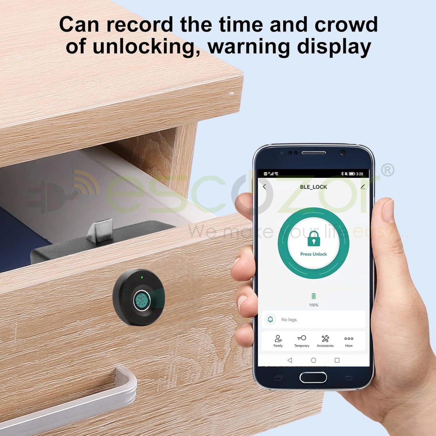 Escozor® DFL05 with Mobile App Smart Furniture Digital Keyless Lock for Home (Fingerprint Lock with BLE Mobile App Control) Round Shape with 20 Fingerprints & Different E-Key (Black) (Smart Life App)