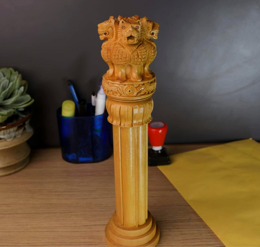 Ashoka Pillar Wooden National Emblem Table Top Car Dashboard Gift Ashok Stambh