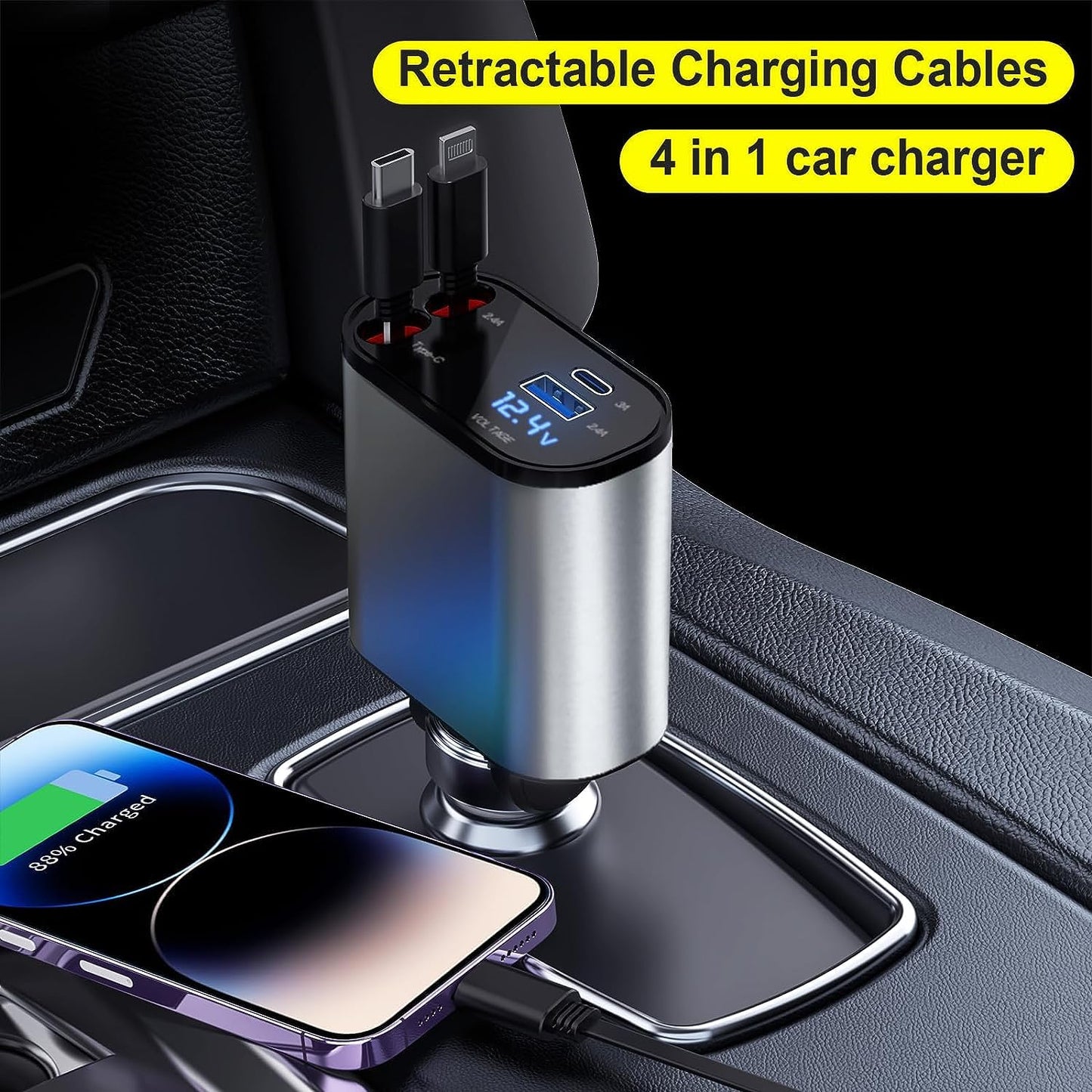 Retractable Car Charger Compatible with iPhone16/15/14/13/12/11,Fast Car Power Adapter PD20W /Type-C 40W,Car USB Fast Phone Charger