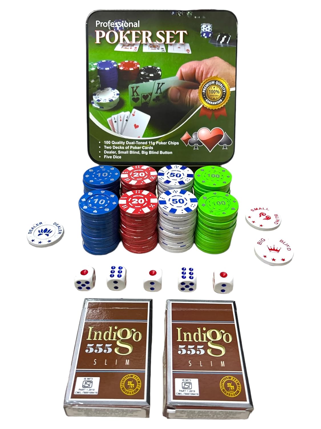 Professional Poker Set with Dual Toned Poker Chips, 2 Card Decks and Dice (Multicolor)