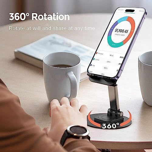 Mobile Phone Stand 360° Rotation Height and Angle Adjustable Cell Phone Stand for Desk Office Foldable Desktop Phone Holder for Smartphone 4-10'' Tablet Holder