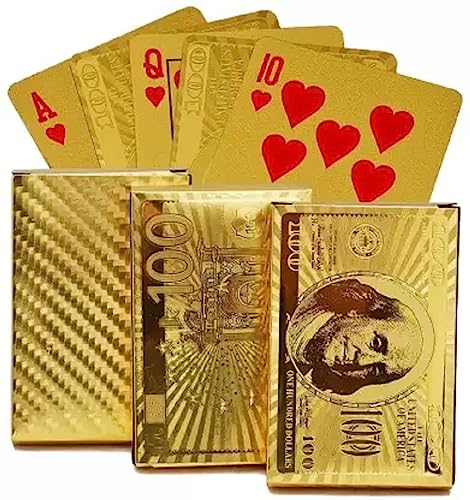 Gold Plated Poker Playing Cards, Classic PVC Poker Table Cards Golden Taash for Adults, Pack of 52 Cards & 2 Jokers