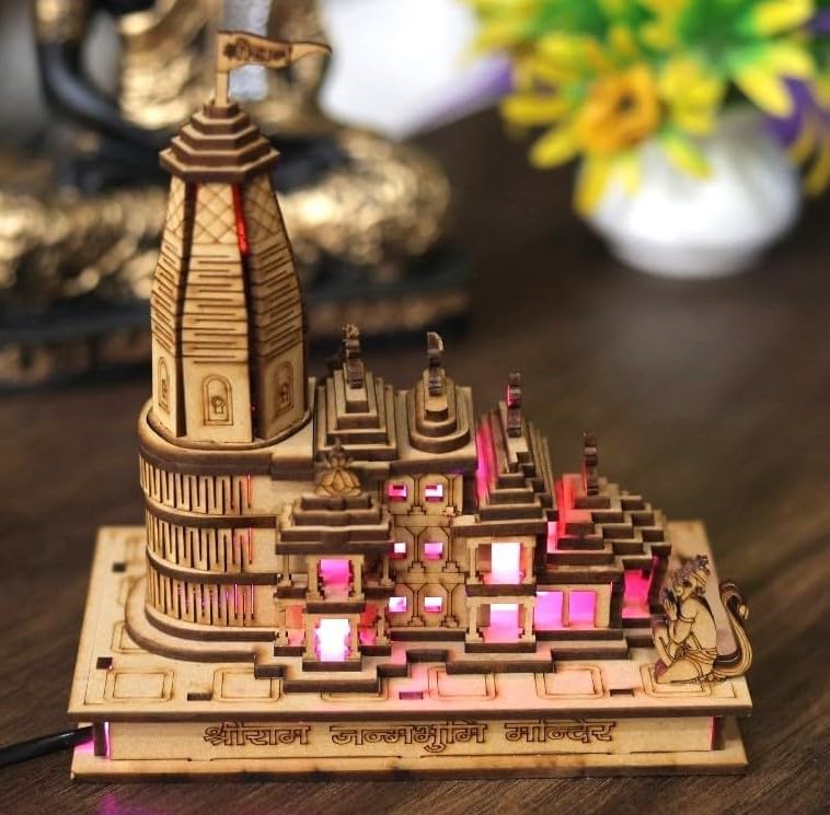 Sri Ram Janmabhoomi Wooden Temple Model with Multi LED Light Ram Mandir Size 6 Inches