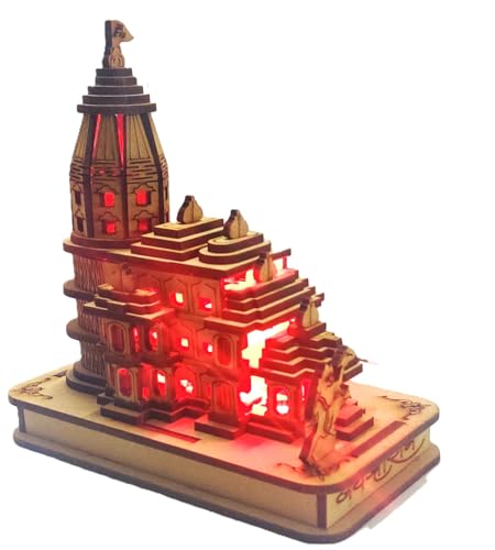 Sri Ram Janmabhoomi Wooden Temple Model with Multi LED Light Ram Mandir Size 6 Inches