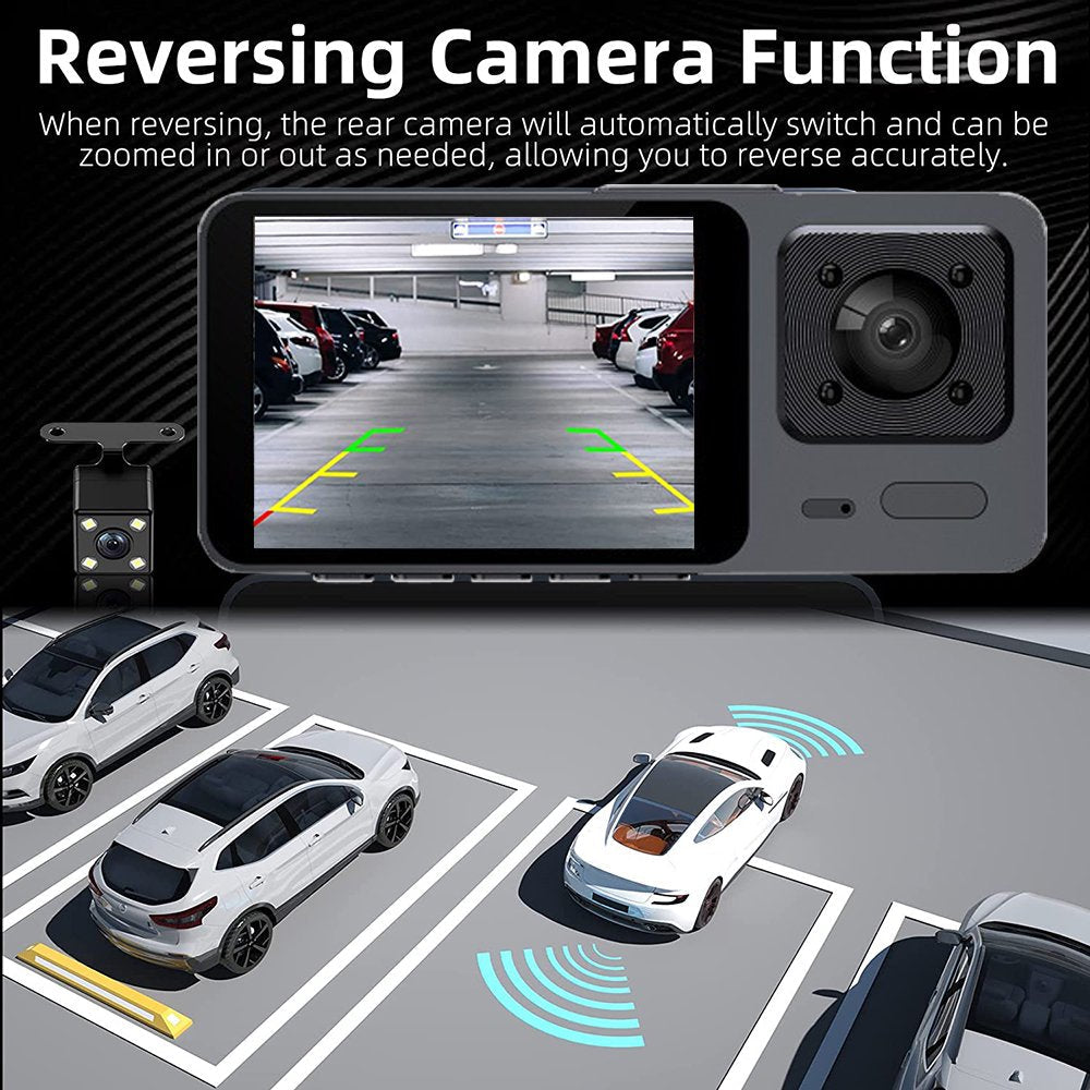 DashCam3 - 3 Channel Dash Cam Front and Rear Inside, Full HD 1080P Dash Camera for Cars, Dashcam Three Way Triple Car Camera with IR Night Vision, Loop Recording, G-Sensor, Parking Monitor, 24H Recording