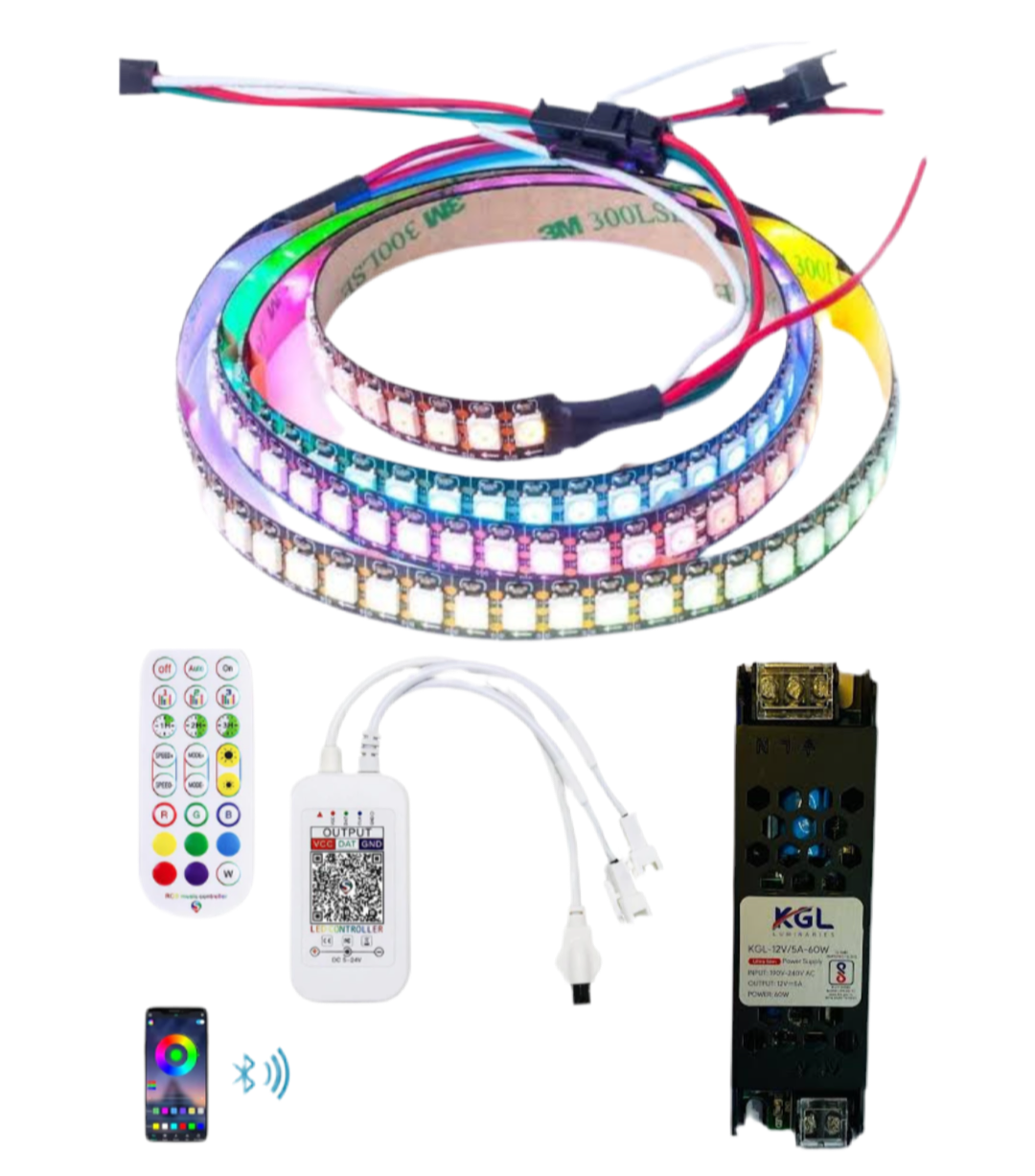 Smart Strip Full Kit, Addressable 5050 magic multicolour strip with mobile app controlled by BT App, IR Remote & Music 5 meters Product Code SRGB05