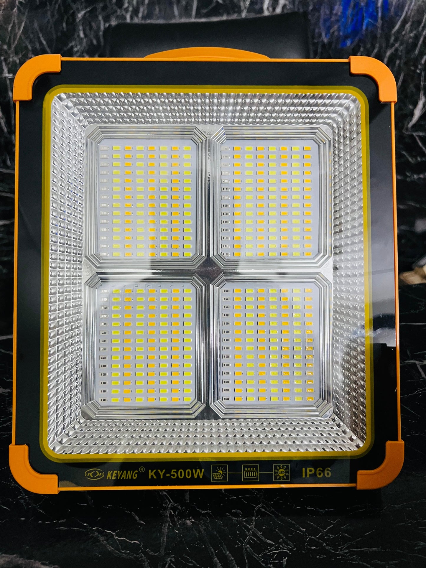 MKY Solar Flood Lights 5 in 1 Modes White / Warm White / Natural White / Dim White / Red-Blue Flash 8 hours backup Waterproof ip66