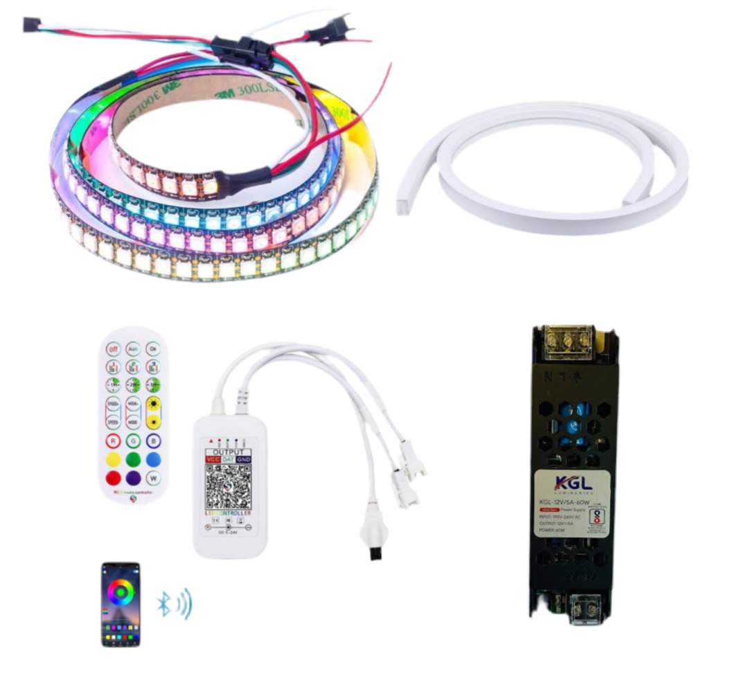 Smart Strip Full Kit, Addressable 5050 magic multicolour strip with mobile app controlled by BT App, IR Remote & Music 5 meters Product Code SRGB05