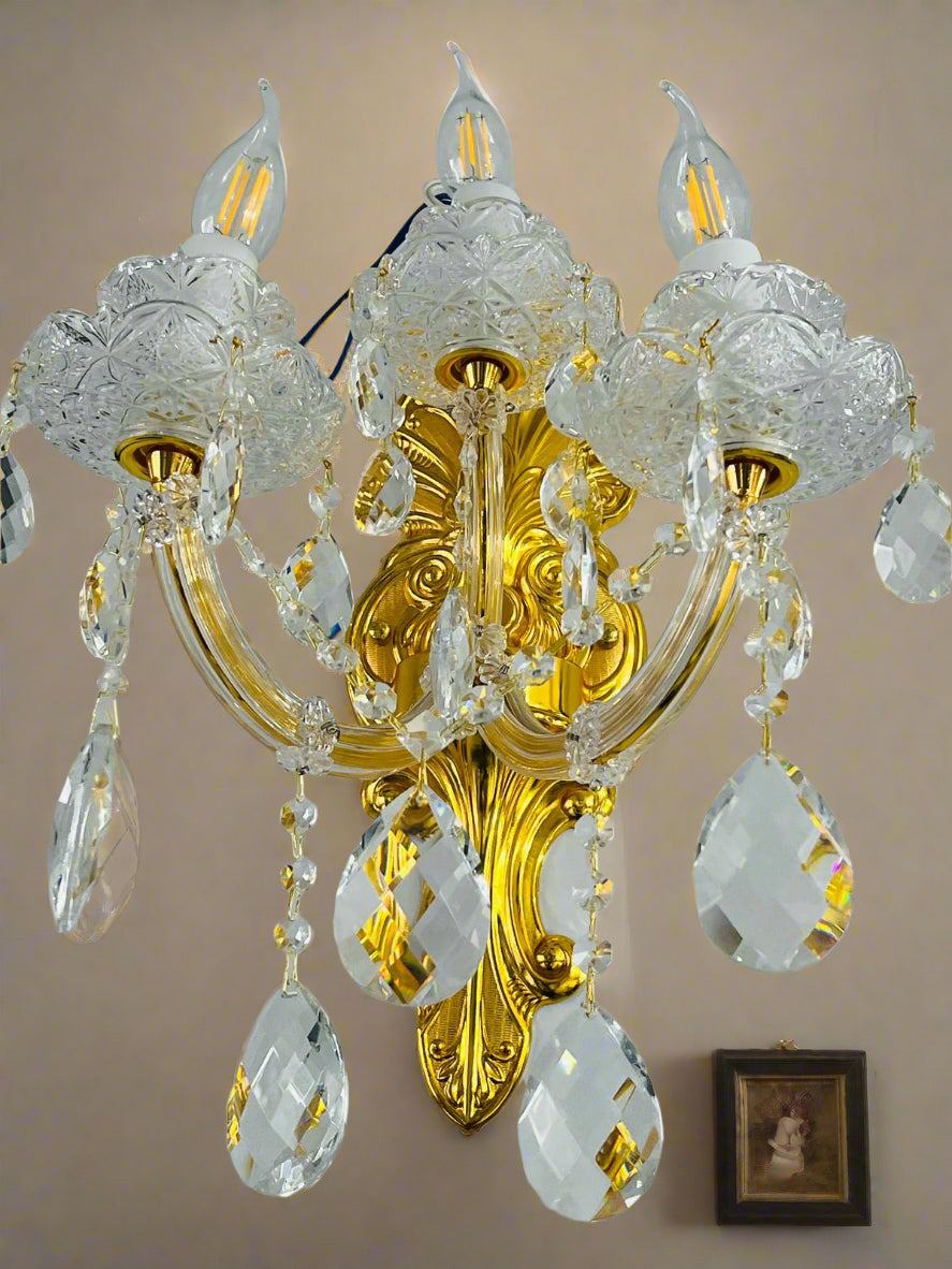 Small Modern Crystal Wall Lights - 3 Candle Lights Chandelier Light Fixtures, Gold Wall Mounted Sconce for Hotel, Living Room, Hall, Lobby Model 80031-3W